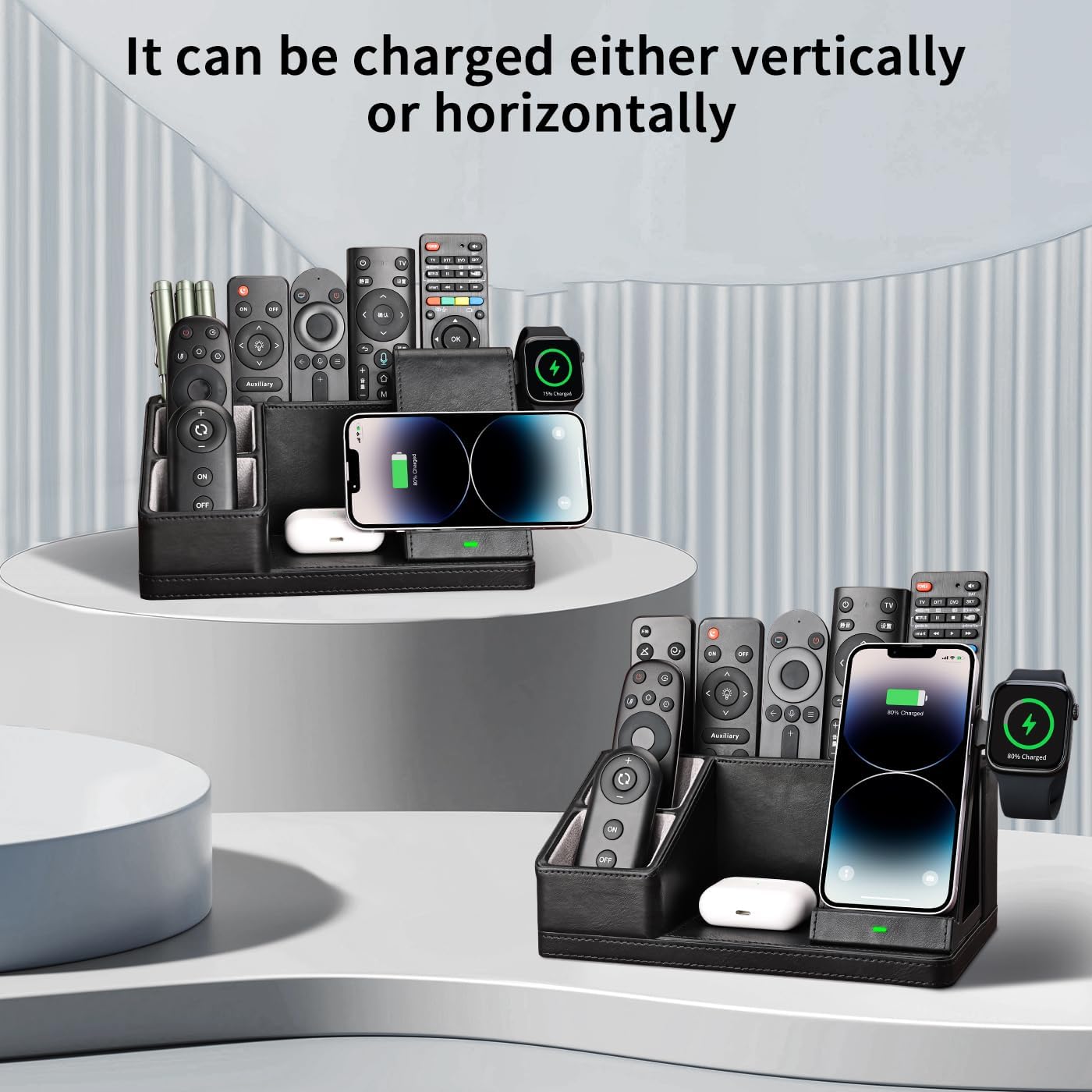 KINGFOM Leather Desk Organizer with Charging Station Multi-Functional Phone Pen Pencil Holder for Desk Desk Organizers and Accessories for Office Home Supplies (L)