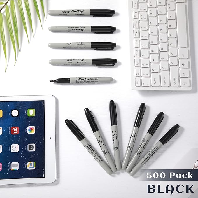 Thenshop 500 Pack Permanent Markers Bulk Black Permanent Marker Set Fine Point Pens Work on Wood, Metal, Stone, Glass