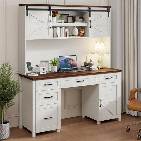 Farmhouse 67" H Executive Desk with Hutch,Office Desk with 5 Drawers, Computer Desks with Storage Cabinet & File Drawers and Charging Station, Workstation for Home Office and Study.(Unique White)
