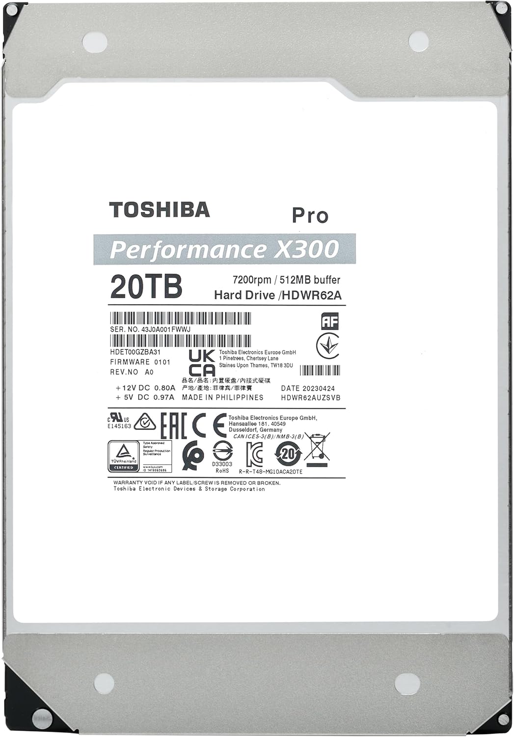 Toshiba X300 PRO 20TB High Workload Performance for Creative Professionals 3.5-Inch Internal Hard Drive – Up to 300 TB/Year Workload Rate CMR SATA 6 Gb/s 7200 RPM 512 MB Cache - HDWR62AXZSTB