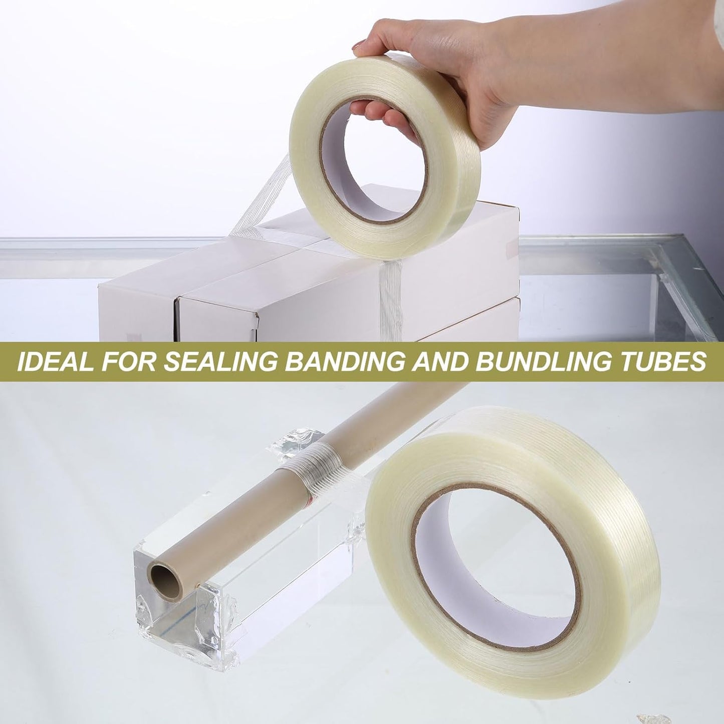 Treela 40 Rolls 1 Inch x 60 Yards Filament Strapping Tape 5.5 Mil Transparent Reinforced Fiberglass Heavy Duty Packing Shipping Tape for Sealing Binding Fixing