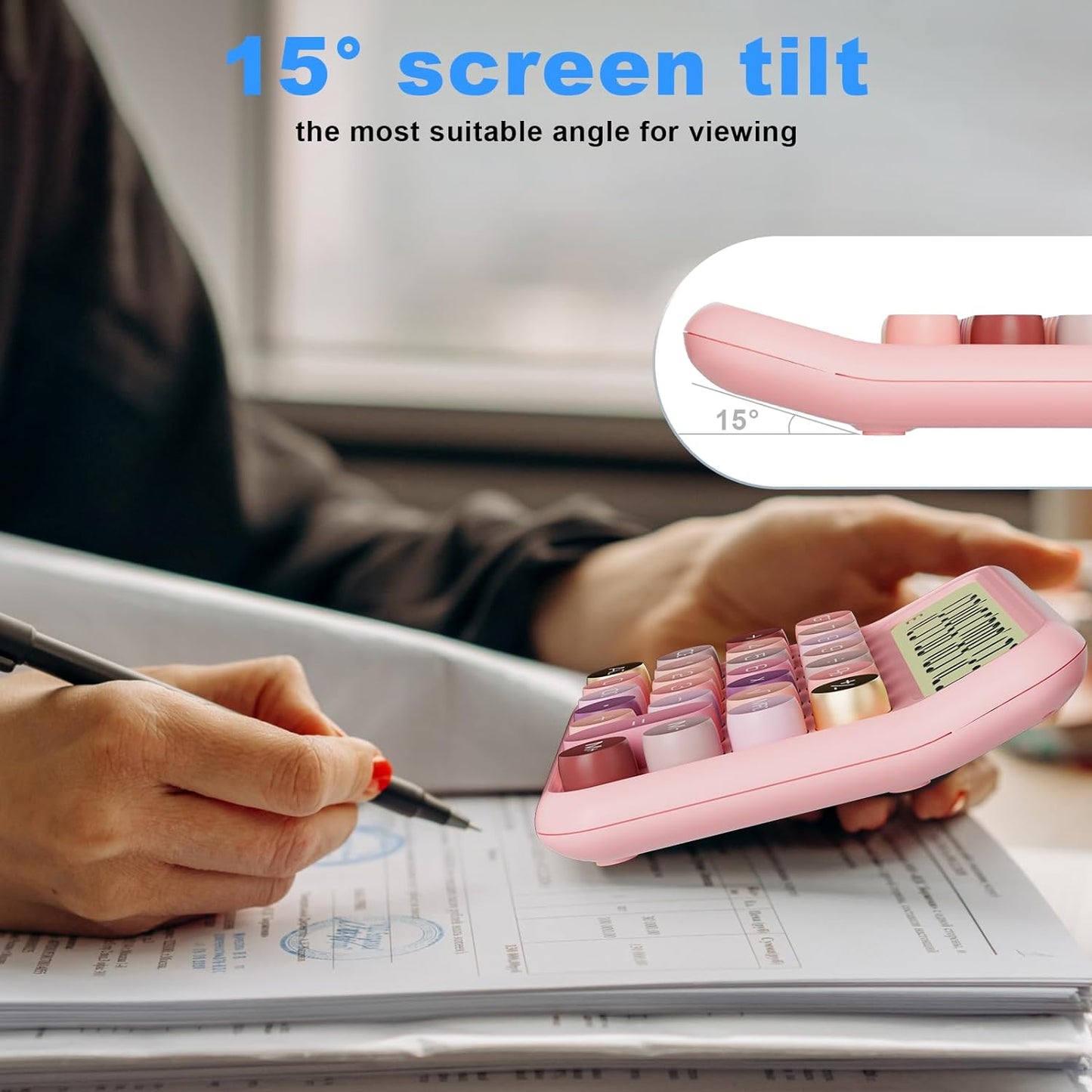 Mechanical Calculator 12 Digit Extra Large 5-Inch LCD Display, DECKLIT Battery Desk Calculator, Big Buttons Easy to Press Use as Office Calculators Desktop, 15°Tilt Screen for Kids Calculator(Rose)