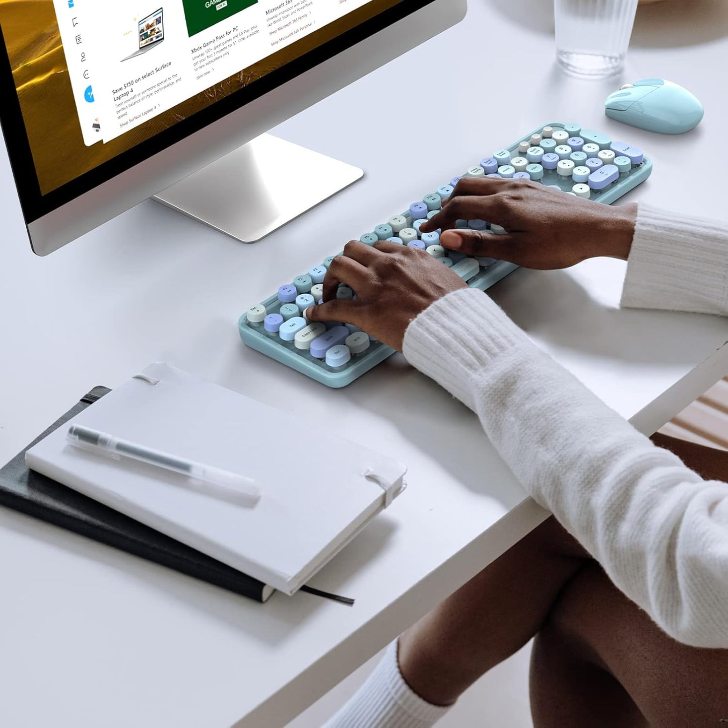 MOFII Wireless Keyboard and Mouse Combo, Blue Colorful Round Key Typewriter Keyboards, 2.4GHz Full Size Keyboard Computer Mice, USB Receiver Plug and Play, for Laptop, PC, Chromebook, Smart TV