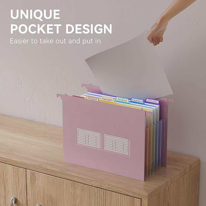 ThinkTex Plastic Expanding Hanging File Folders, 7 Innovative 1.2" Accordion Pockets, Large Capacity, Multi-Color Tabs, Letter Size for Filing Cabinet - Purple