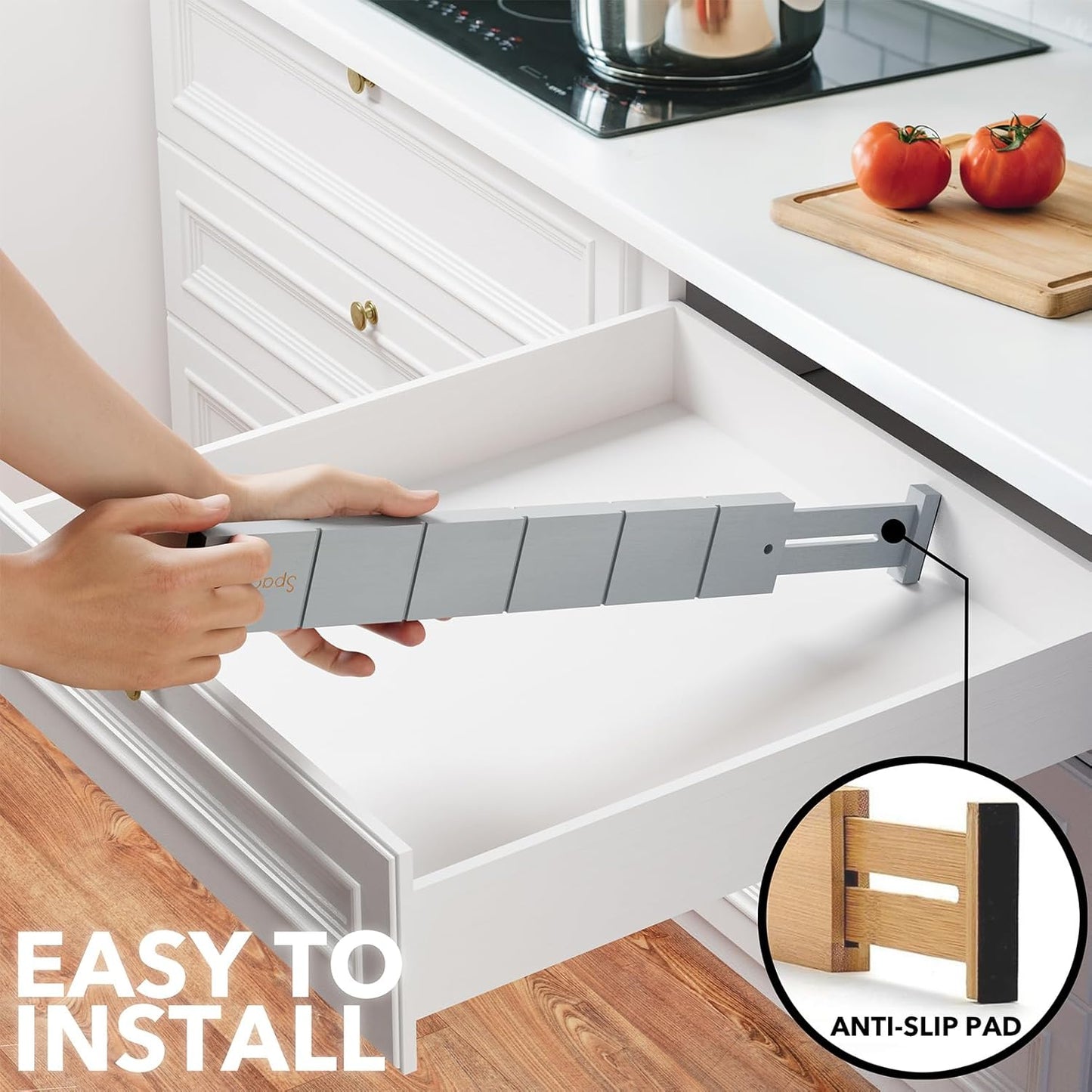 SpaceAid Bamboo Drawer Dividers with Inserts and Labels, Kitchen Adjustable Drawer Organizers, Expandable Organization for Home, Office, Dressers, 7 Dividers with 15 Inserts (17"-22" Gray)