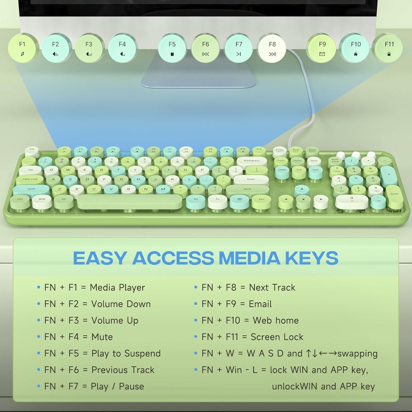 Wired Keyboard, 104 Keys Full-Sized Typewriter Keyboards, USB Plug Play Office Keyboard with Number Pad, Caps Indicators, Foldable Stands for Windows, PC, Laptop, Desktop (Green Colorful)