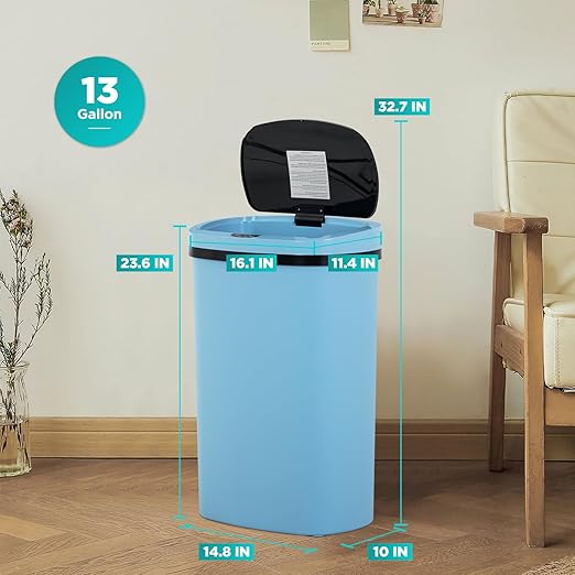 PayLessHere 13 Gallon Trash Can Kitchen Trash Can Automatic Garbage Can with Lid Touch Free High-Capacity Motion Sensor for Kitchen Bedroom Bathroom Office Wateproof Trash Bin (1, Blue)