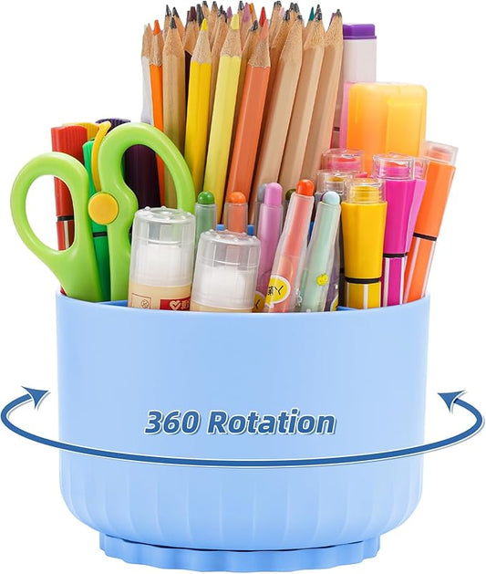 Marbrasse 360-Degree Rotating Pen Pencil Holder, Desk Organizer with 5 Compartments, Art Supply Storage Box Caddy (Sapphire Blue)