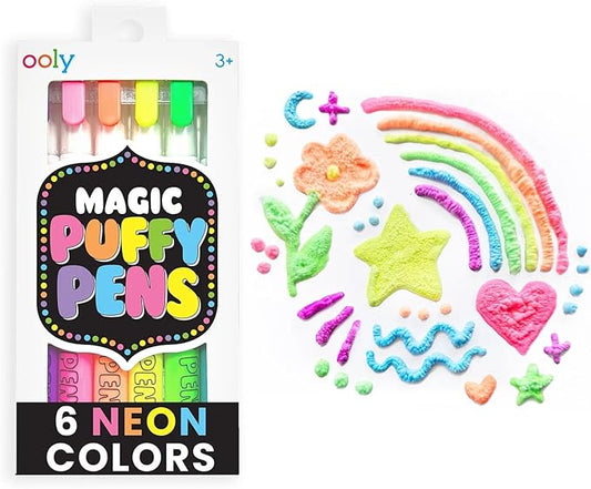 Ooly Puffy Paint Neon Gel Pens Set of 6, 3D Foam Texture Painting Magic Puffy Pen, Creative and Fun Pens for Kids Arts and Crafts Drawing Supplies