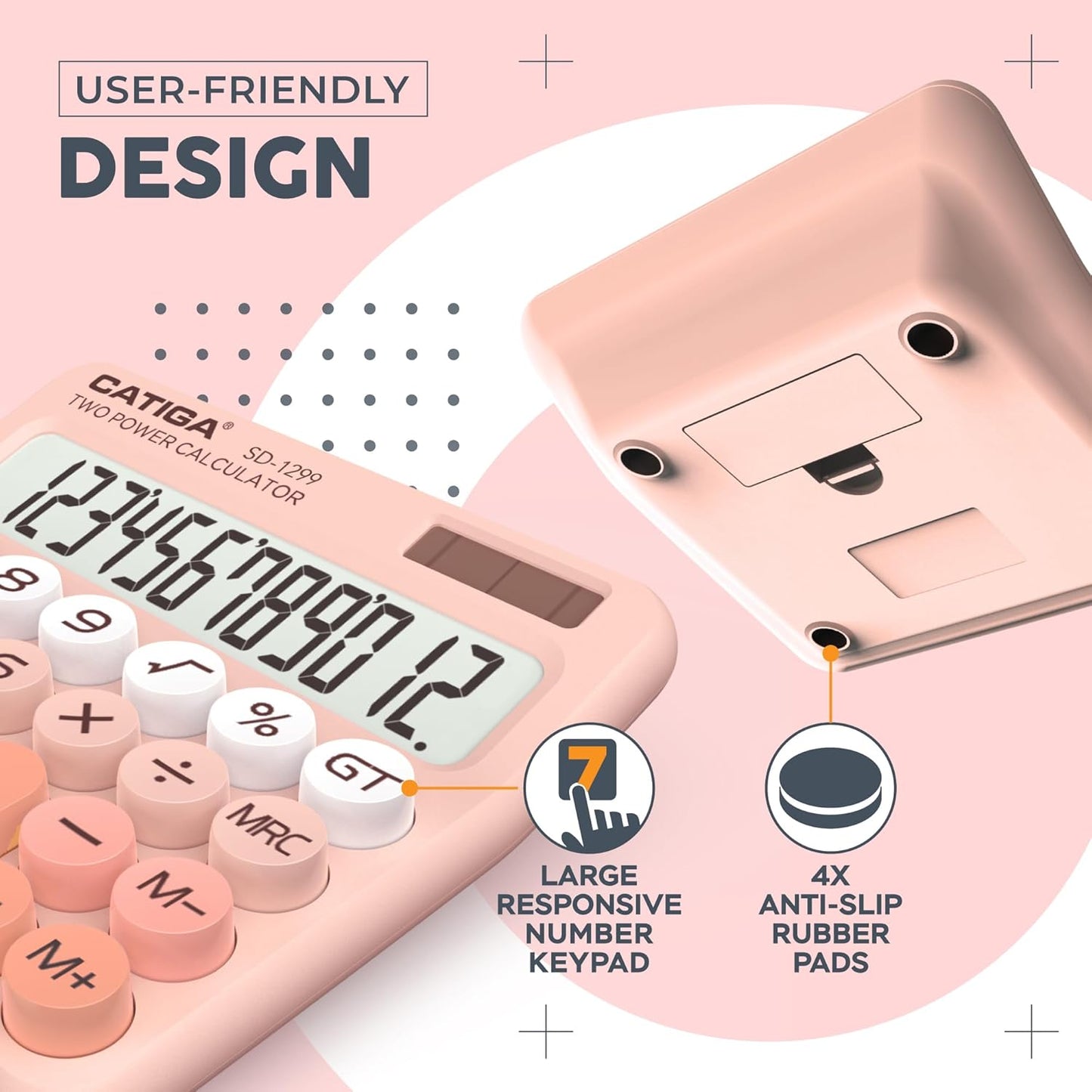 CATIGA Mechanical Switch Calculator with Solar and Battery Dual Power, 12-Digit Large LCD Display, Aesthetic and Cute Desktop Calculator with Big Button, for Home, School and Office Use, SD-1299