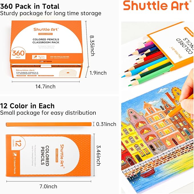 Shuttle Art 360 PCS Colored Pencils Bulk, 12 Assorted Colors, Pack of 30, Break-resistant, Pre-sharpened Colored Pencils for Kids, Bulk Pack School Supplies for Teachers & Students