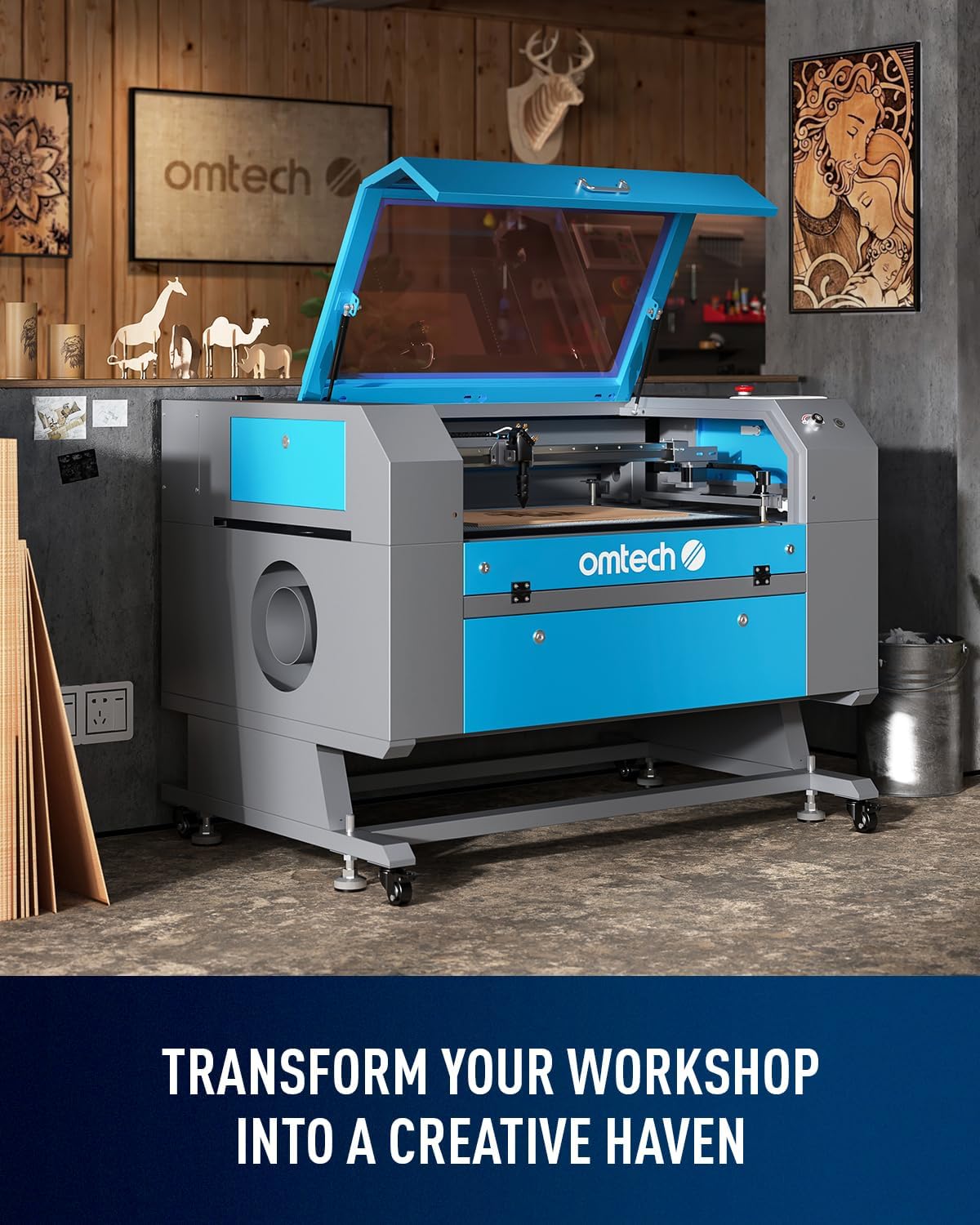 OMTech 100W CO2 Laser Engraver with LightBurn & Water Chiller, 20"x28" Laser Engraving Cutting Machine with 4 Way Pass Through Air Assist Wheels, Industrial Laser Cutter