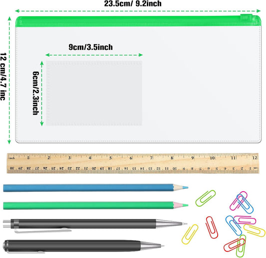 Marspark 100 Pieces Clear Pencil Case Zipper Envelope Bulk with Label Pocket Clear Plastic Envelopes with Zippered, A6 Pencil Bags for Cash, School Office Supplies, 9.2 x 4.7 Inches(Green)