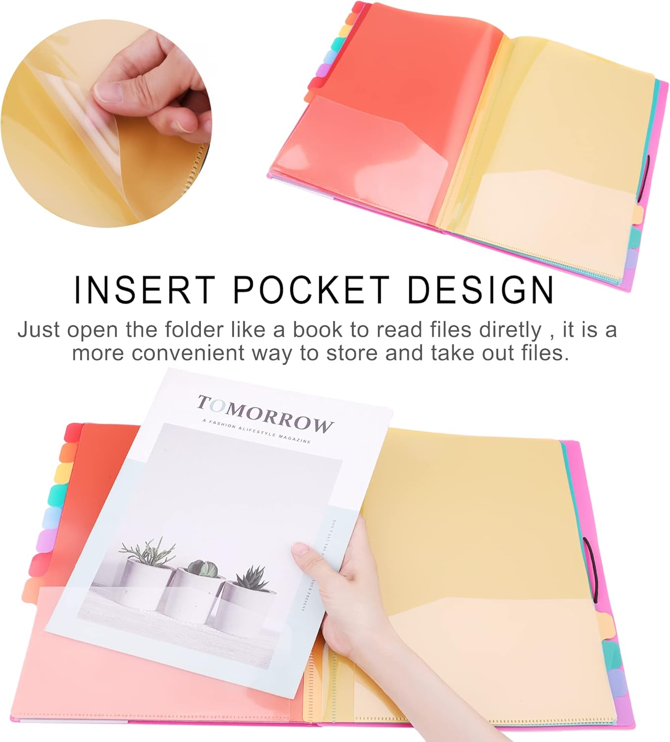 Rainbow Tab Expanding File Folder - 24 Pockets, Durable A4 Letter Size Organizer, Water-Resistant Plastic Dividers, Home/Office/School Document Holder (Pink)