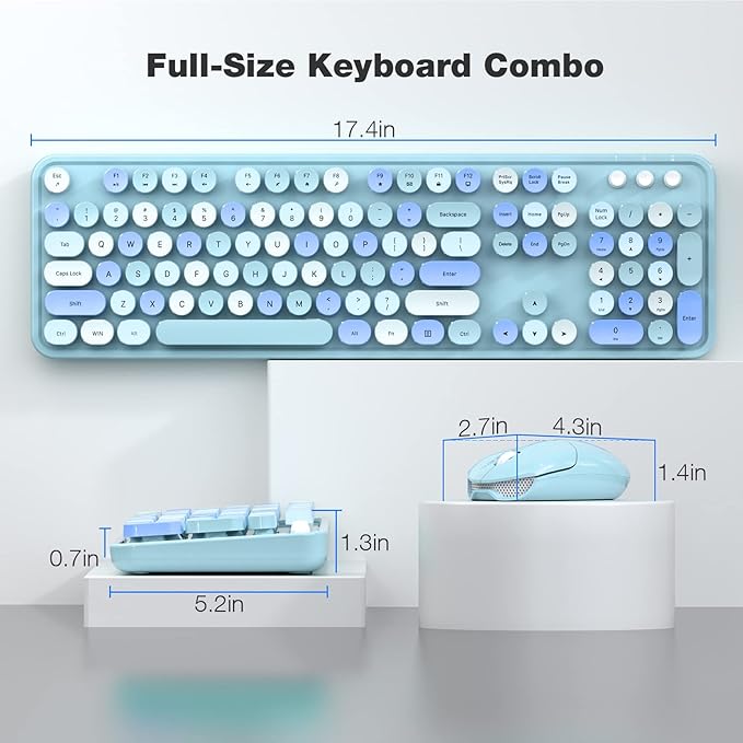 Wireless Keyboard and Mouse Combo, 104 Keys Full-Sized Typewriter Keyboards, 2.4 GHz USB Receiver Plug and Play, for Windows, PC, Laptop, Desktop (Blue Colorful)