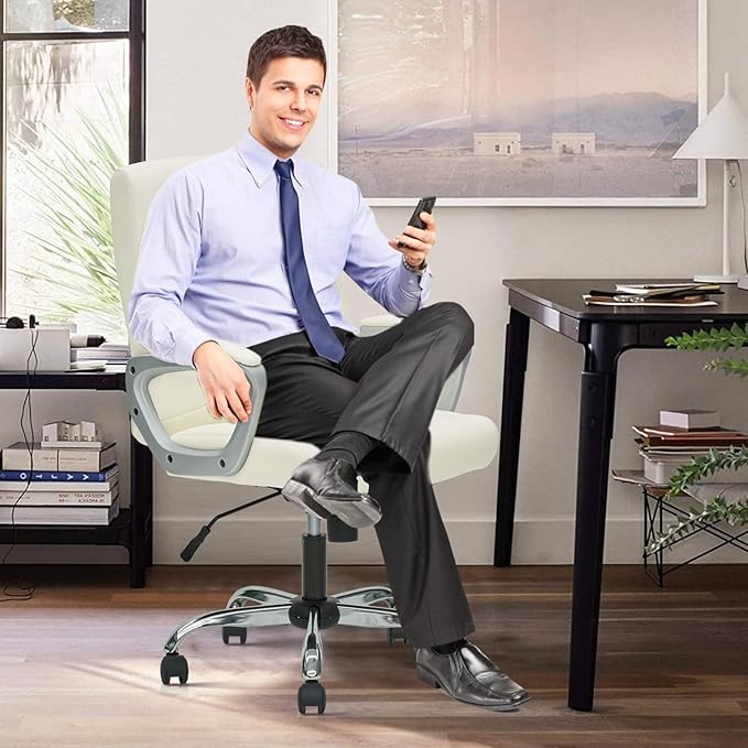 CLATINA Office Computer Desk Chair Executive Mid Back Chair Comfortable Ergonomic Managerial Chair Adjustable PU Leather Home Office Desk Chair Swivel, White 2PK