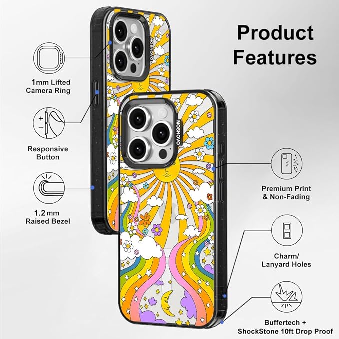 MOSNOVO Magnetic Case for iPhone 15 Pro, 10ft Military-Grade Protection, Compatible with Magsafe, Shockproof Phone Case for iPhone 15 Pro - 70's Psychedelic Groovy Art - Clear Black