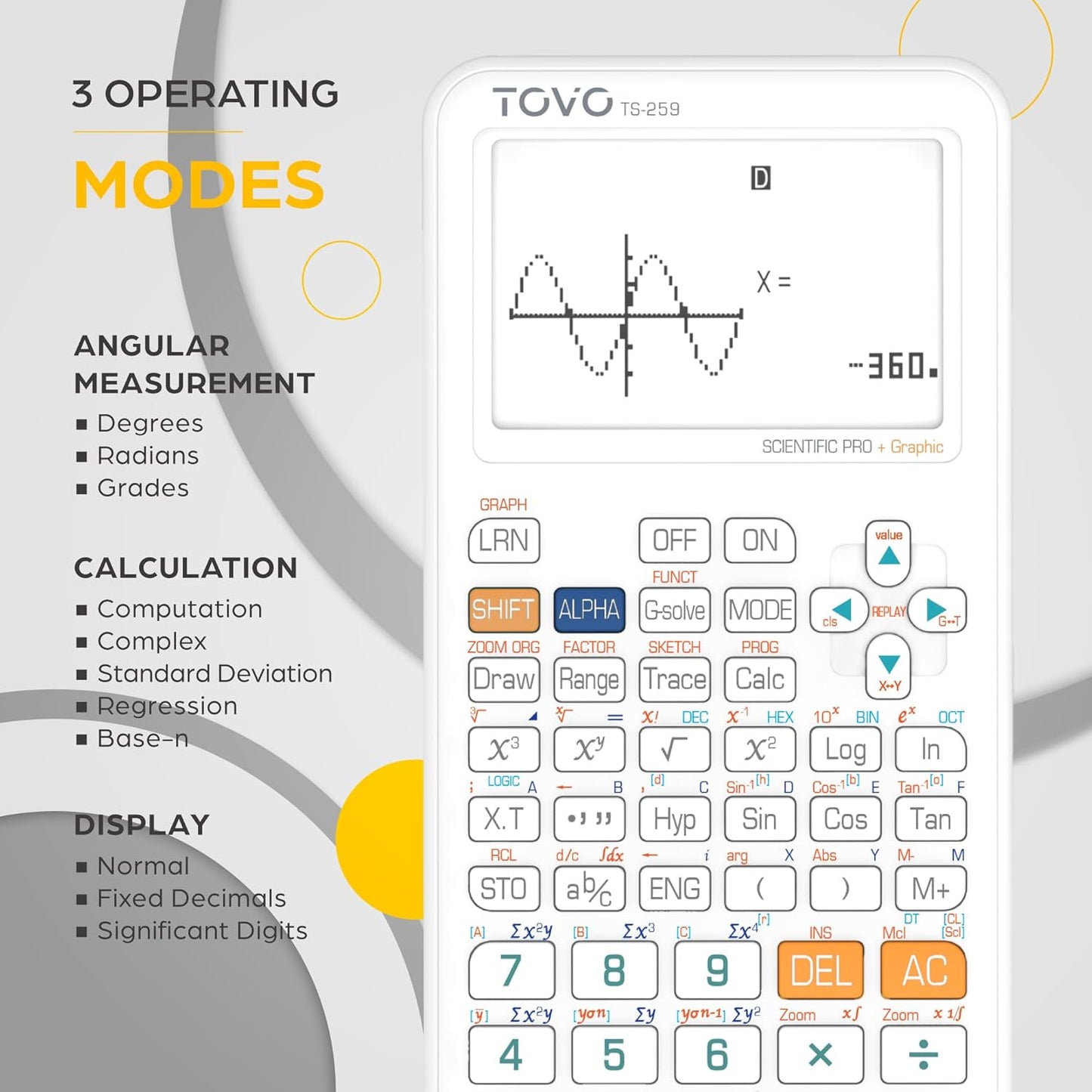 TOVO Scientific Calculator with Graphing Functions, Multiple Modes, 360 Functions, Large Screen, Intuitive Interface for Beginners, High School & Advanced Courses, TS-259 (Developed by CATIGA)