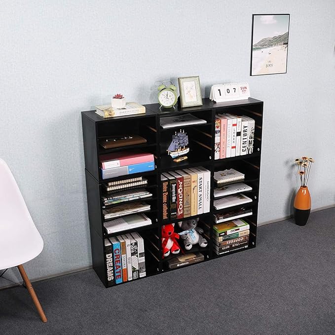 PAG Mail Sorter Organizer, Wood Countertop Literature Organizer, Office Supplies Desktop File Bill Paper Organizer for Office Home School, 4 Compartments, Black