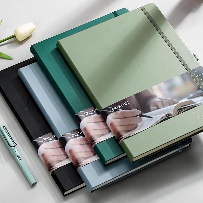 EMSHOI Lined Journal College Ruled Notebook – 8.5"x11" Hardcover Leather Journal for Women Men Office Work, 192 Pages 100 GSM Thick Paper, A4 Writing Notebook with Sticky Notes, Green