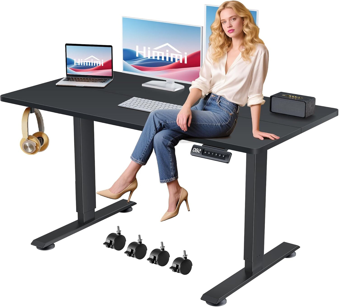 Himimi Electric Standing Desk 55 x 24 inch for Home Office,Sit-Stand Adjustable Desk with Memory Presets,Height Adjustable Desk for Gaming/Working,Free Hook, Lockable Wheels,Mouse Pad,Black