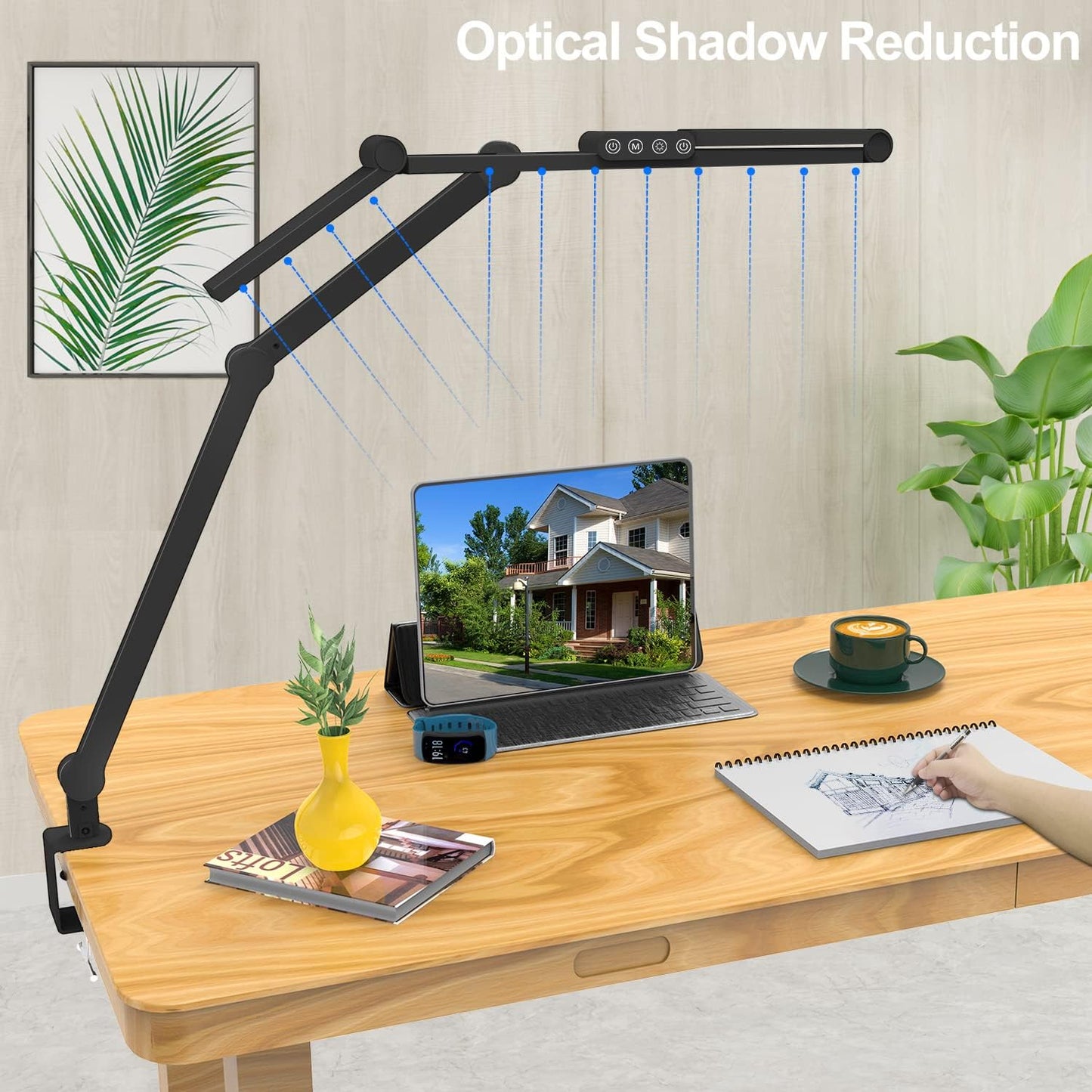 Micomlan Led Desk Lamp with Clamp, Architect Desk Lamp for Home Office with Atmosphere Lighting, 24W Ultra Bright Auto Dimming Computer Light Stepless Dimming and Tempering LED Table Light