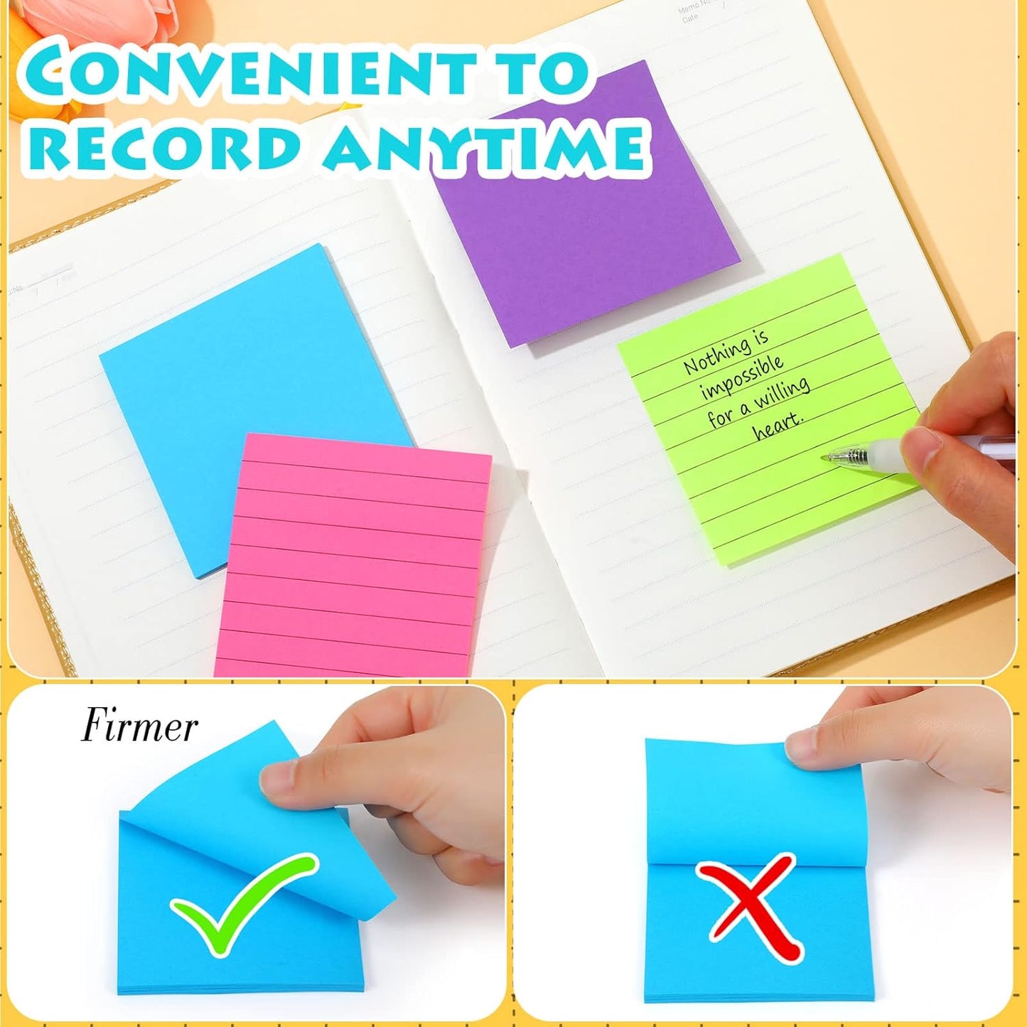 Yexiya 64 Pcs Lined Sticky Notes Self Stick Notes with Lines Bright Assorted Colors Sticky Pad for Home Office Products Post Memos, 1920 Sheets(3 x 3 Inch,Lined, Blank)