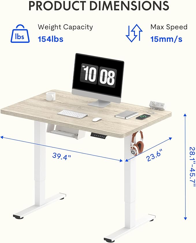 FLEXISPOT EN2 Whole-Piece Standing Desk with Clamp Power Strip, 40 x 24 Electric Stand Up Height Adjustable Desk with Cable Management (White Frame + 40" White Wood Grain Desktop)