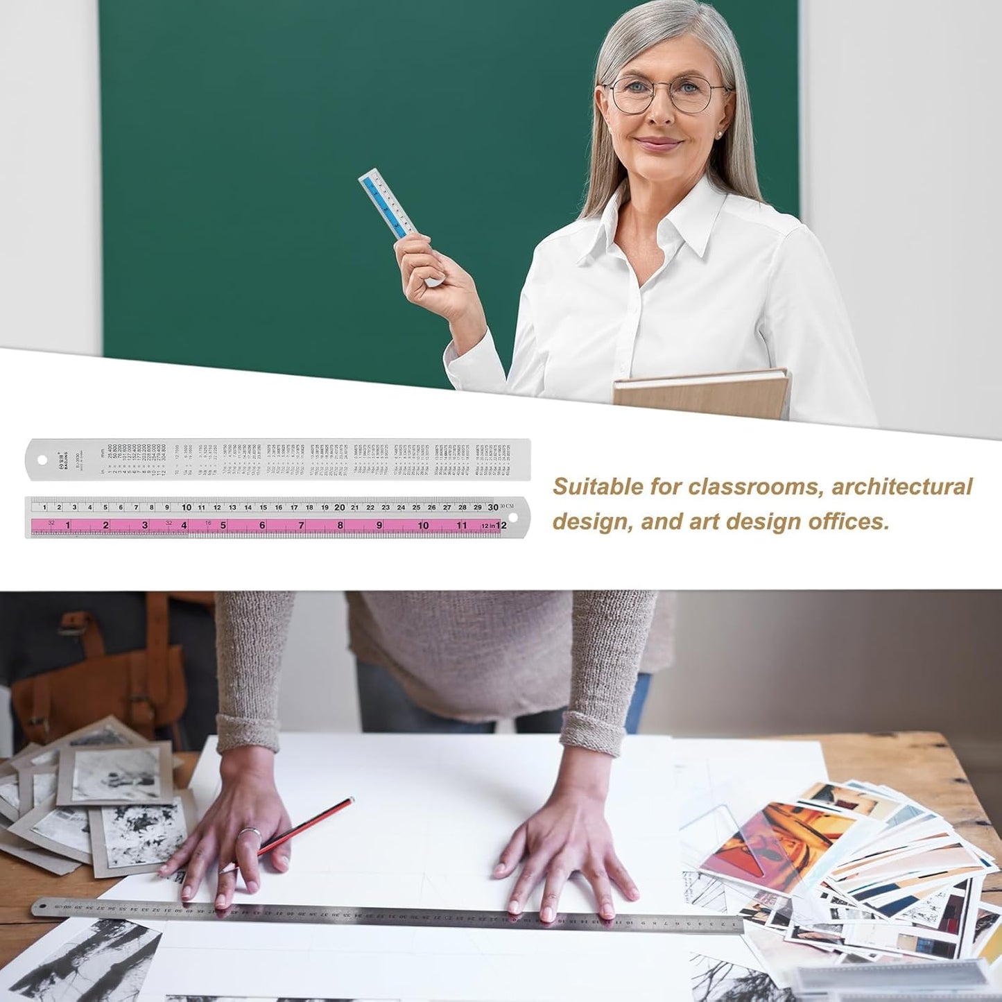 HARFINGTON 4pcs Metal Straight Ruler 30cm Metric SAE Aluminum Alloy Measuring Rulers Scale Tools with Hole for Measure Study Reading Classroom Office, Pink