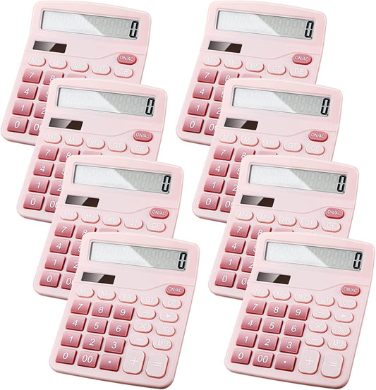 Konohan 8 Pieces 12-Digit Calculator, Solar Basic Desktop Calculator Large Display Electronic Dual Power Handheld for Home Office School(Pink)