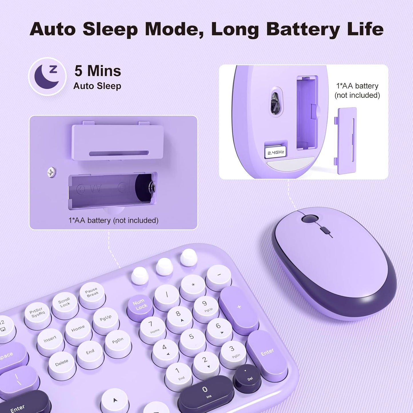 Wireless Keyboard and Mouse, 2.4Ghz USB Retro Full Size Typewriter Keyboard and Cute Mouse Combo for Windows 7/8/10, Laptop, Desktop, PC, Computer (Purple Colorful)