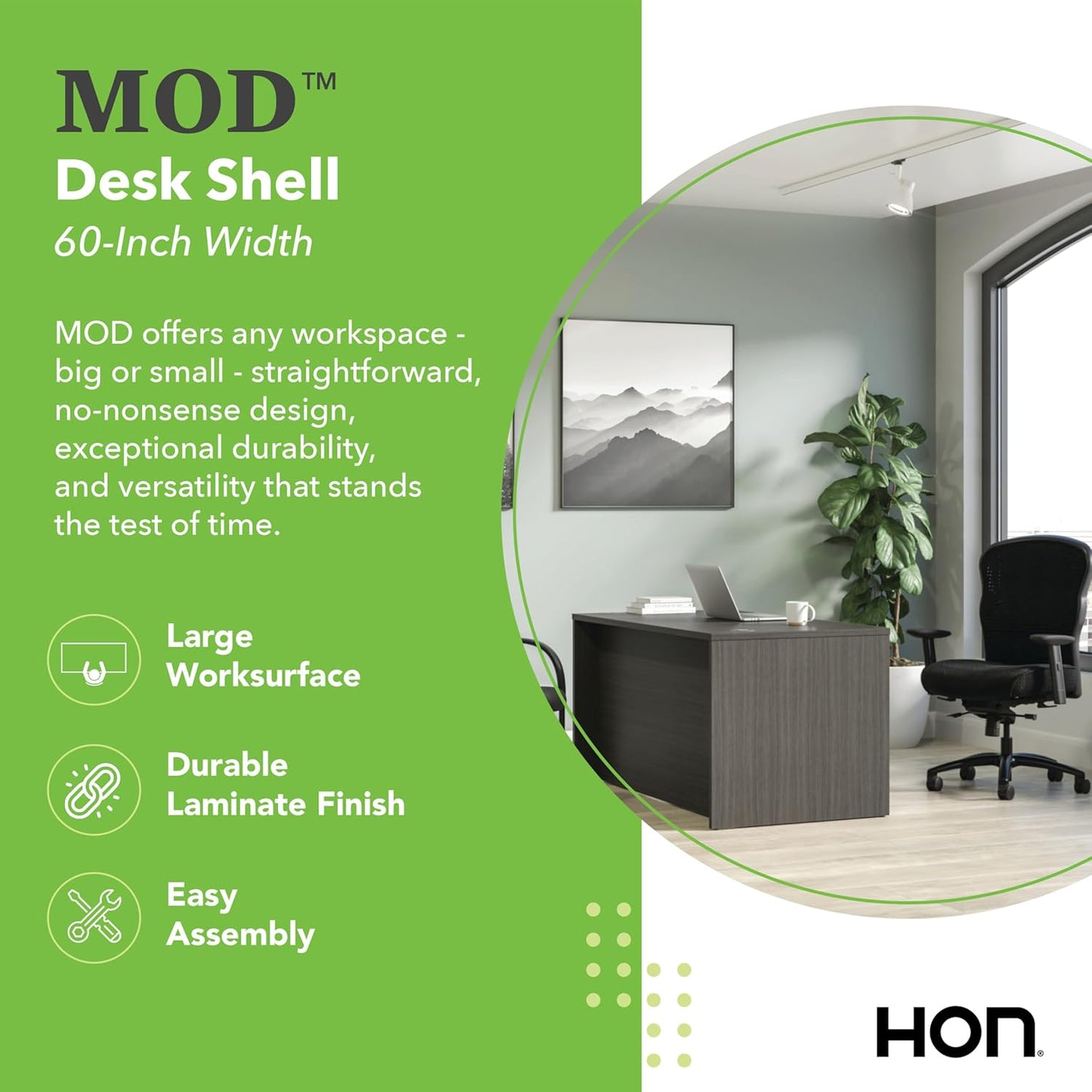 HON MOD Executive Desk 60-Inch Large Computer Desk Shell, Thick Wooden Laminate, Modern Table with Cord Management, 60" W x 30" D x 29" H, Slate Teak
