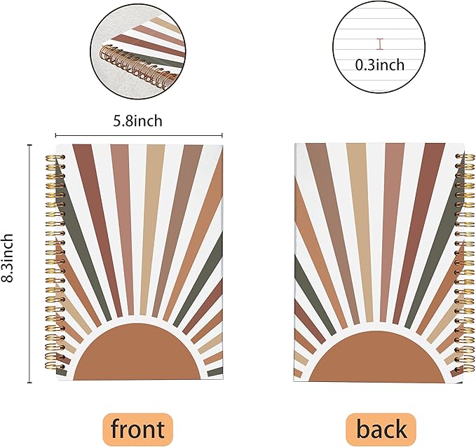 VNWEK Boho Sun Sunrise Sunset Colorful Sunshine Spiral Notebook Journal 5.5×8.3 Inch,Boho Mid-Century Modern Art Lined Hardcover Spiral Notebook for Work Notes Journaling,Boho Gifts for Women Girls