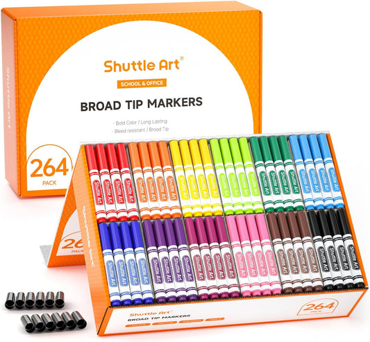 Shuttle Art 264 Pack Washable Markers, 12 Assorted Colors Broad Line Conical Tip Large Markers Bulk with a Box, Bonus Caps, Home Classroom School Supplies for Toddlers Kids Adults Students Teachers