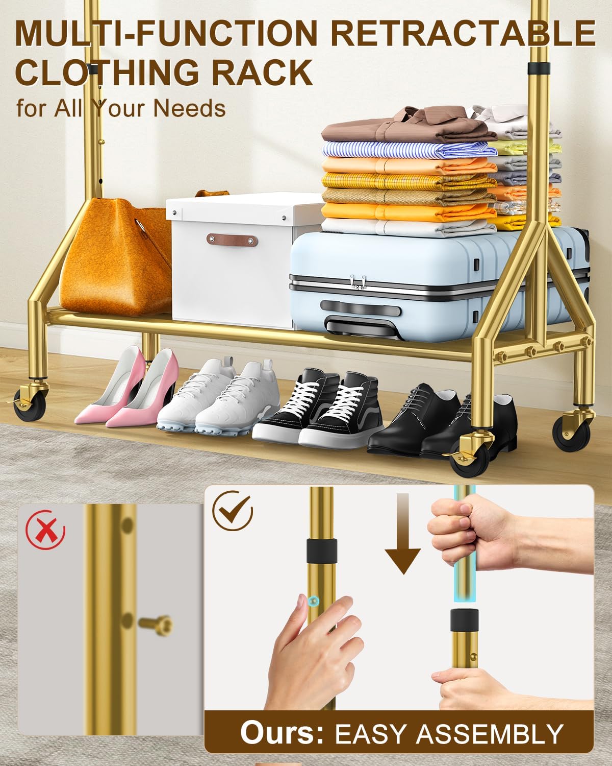Upgraded 100% Stainless Steel Clothing Rack Load 760LBS, Heavy Duty Clothes Racks with Larger & Sturdy Wheel, Extendable & Adjustable Rolling Garment with Shelves (1 Single Rod, Gold)