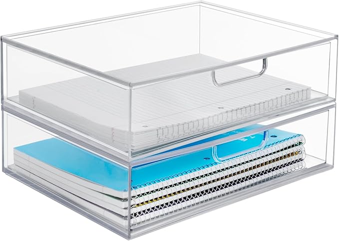 STORi STAX Plastic Stackable Organizer Drawers (Set of 2) Clear | 12.5" Wide | Set Includes Two Open Drawer | Organize Office Desk Accessories & Sort Paper | Made in USA