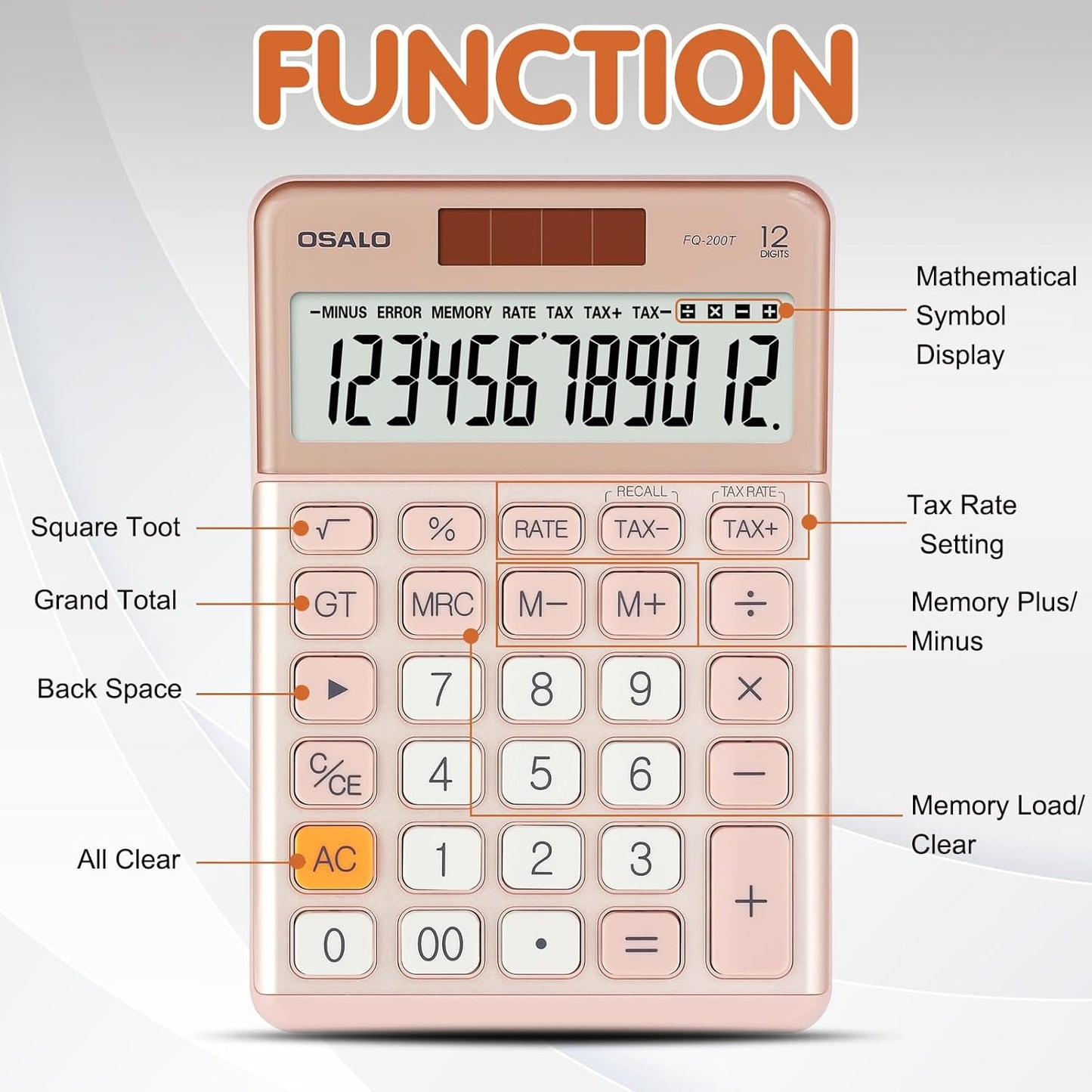 Pendancy Office Small Calculator Desktop with Tax+/- for Tax Calculation, 12 Digit Large LCD Display, Solar Battery Power, Durable Portable Design, Financial Accounting Business Home Use(OS-200T-Pink)