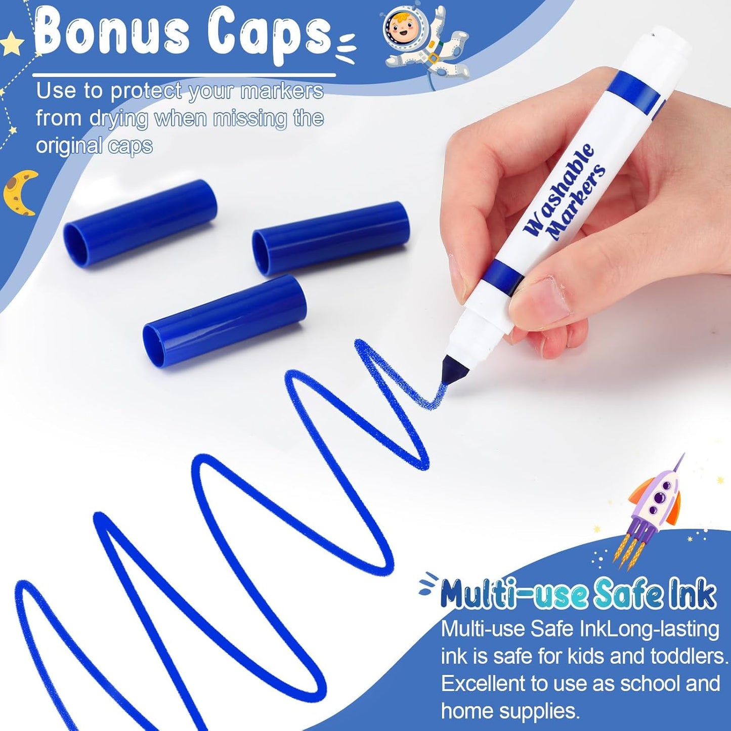 Janlaugh 60 Pcs Blue Washable Markers Bulk Coloring Broad Line Markers for Kids Conical Tip Blue drawing pens for Classroom Back to School travel Art baby shower gender reveal Supplies, Ages 6+