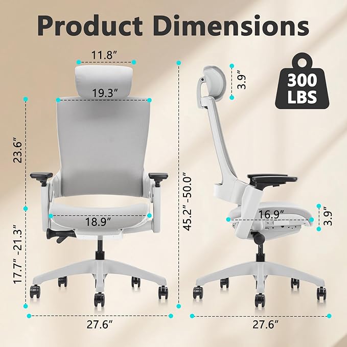 CLATINA Ergonomic High Swivel Executive Chair with Adjustable Height Head 3D Arm Rest Lumbar Support and Upholstered Back for Home Office Gray