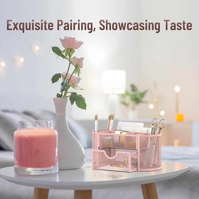 SUPEASY Mesh Desk Organizer, Desk Accessories & Workspace Organizers with Drawers, Pencil Holder for Desk with 9 Compartments for Office Suppliess, 8.6 x 4.3 x 4.1 Inch, Pink