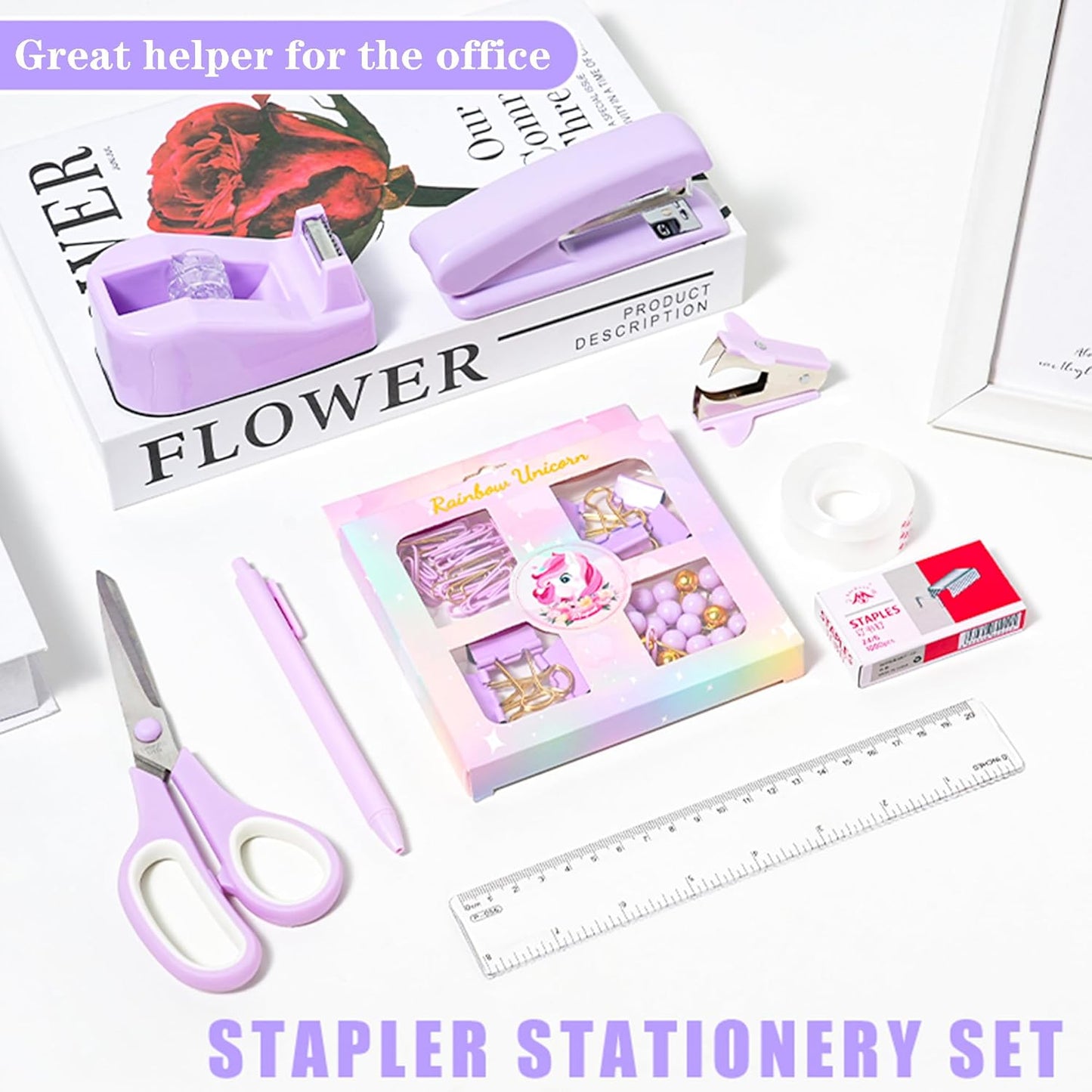 Desk Accessories with Pen Holder, Office Supplies Desk Organizers and Accessories, Tape Dispenser, Stapler, Staple Remover, Staples, Clips Set, Ruler, Scissor, Pen, Tape (Purple)