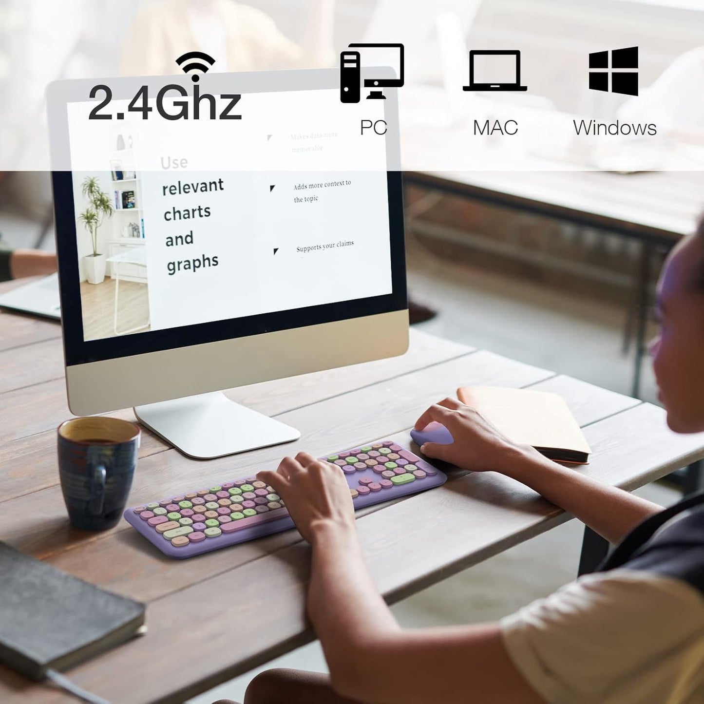 MOFII Wireless Keyboard and Mouse Combo, 2.4G Silent Cordless Slim Full Size Keyboard and Ergonomic Mice Set for Laptop, Desktop, MacBook, PC - Purple Colorful