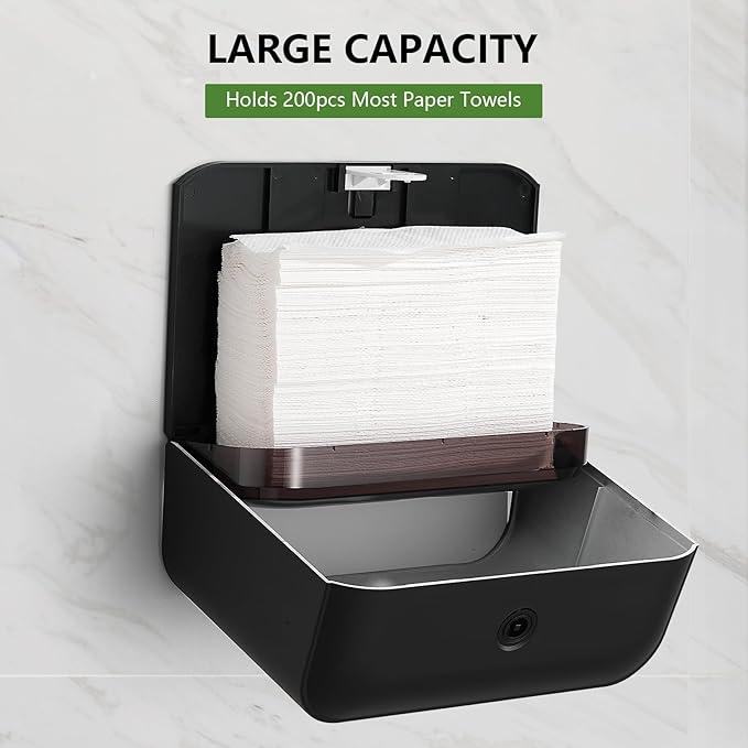 Wall Mount Paper Towel Dispensers, Multifold Paper Towel Dispenser with Smart Lock, Adhesive No Drilling Install, Hand Towel Holder for Home Bathroom,Restroom, Office (Black)