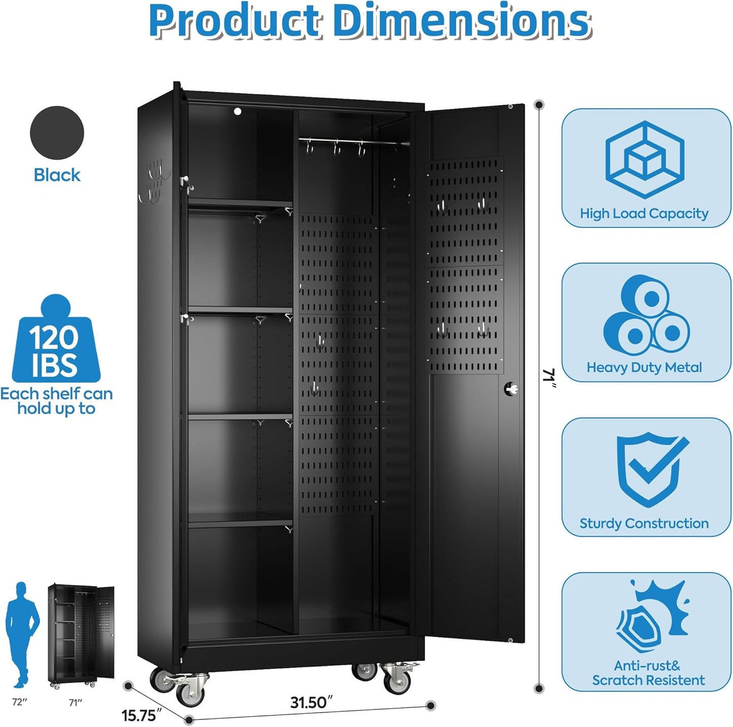 Garage Storage Cabinet with Wheels, Metal Tool Cabinet with Pegboards and 4 Adjustable Shelves, Garage Storage System with Lockable Door for Shools, Offices, Gyms and Pantries, Black