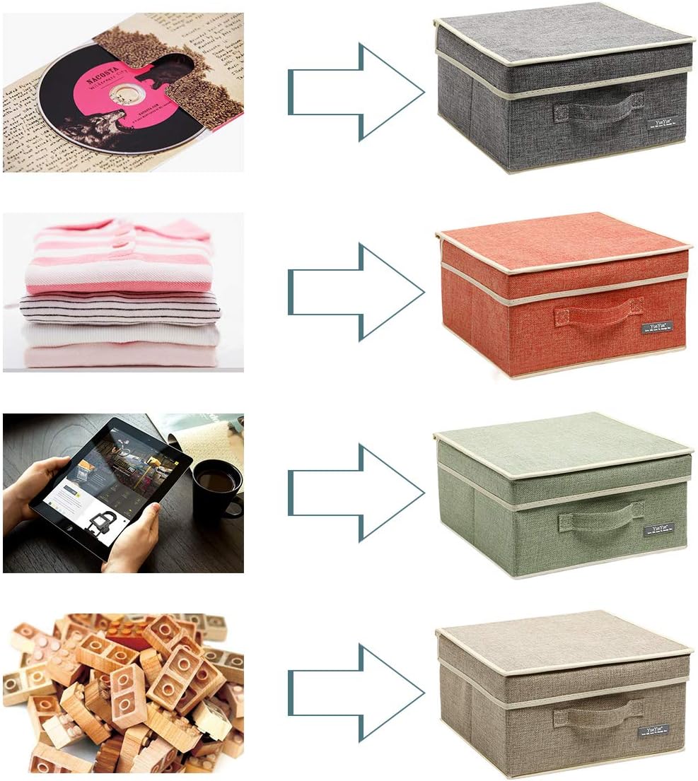 YueYue Small 4 Pack Fabric Stroage Box with Lids, Linen Foldable Stroage Box with lids 4 Color Set 12.4in/12in/6.7in