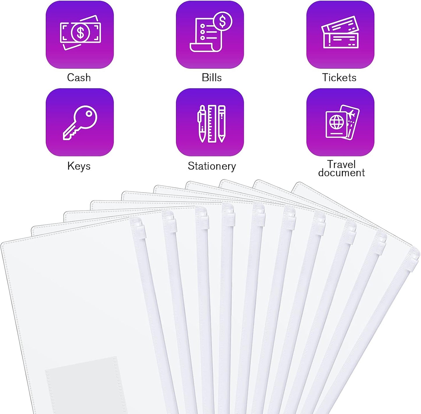 Marspark 100 Pieces Clear Pencil Case Zipper Envelope Bulk with Label Pocket Clear Plastic Envelopes with Zippered, A6 Pencil Bags for Cash, School Office Supplies, 9.2 x 4.7 Inches(White)