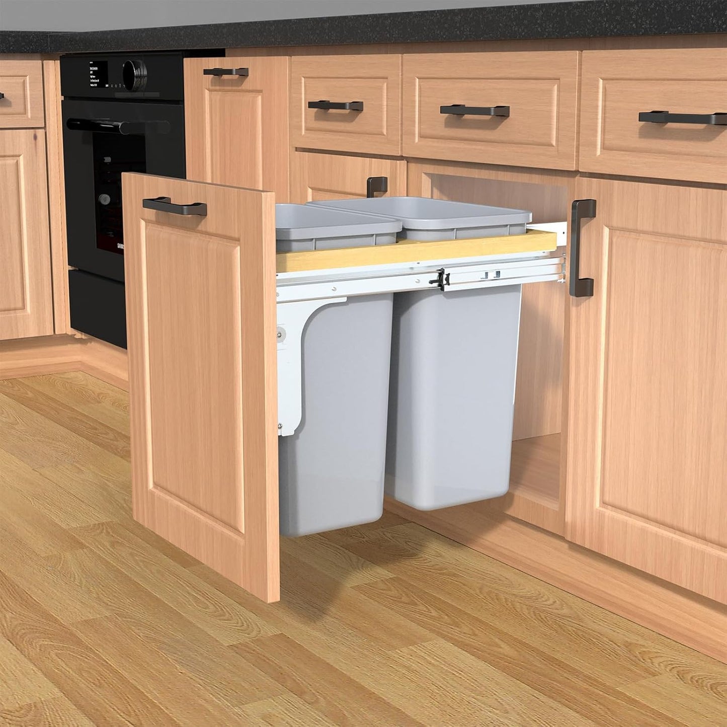 Double Pull Out Under Cabinet Trash Can 35 Qt Garbage Bin for 15" x 1.5" Face Frame, Grey -Only for 18" W*24" D Cabinet