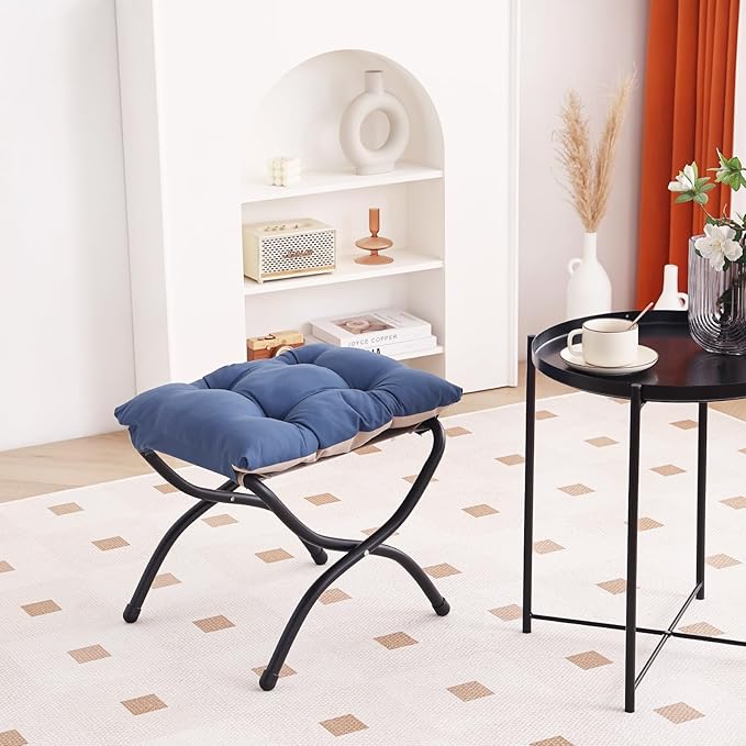 LITA Folding Upholstered Footrest Stool, Modern Small Portable Accent Ottoman with Detachable Thick Cotton Cushion Padded Sofa Stool with Metal Frame for Lazy Chair, Living Room & Bedroom, Royal Blue