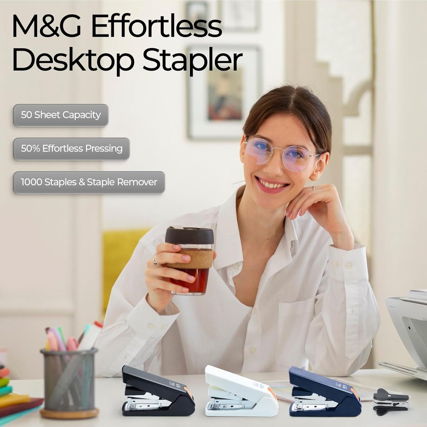 M&G Effortless Stapler 50 Sheet Capacity One-Touch Stapling, Heavy Duty Desktop Stapler Includes 1000 Staples and Remover, Portable Handheld Staplers for Home & Office (Dark Blue)
