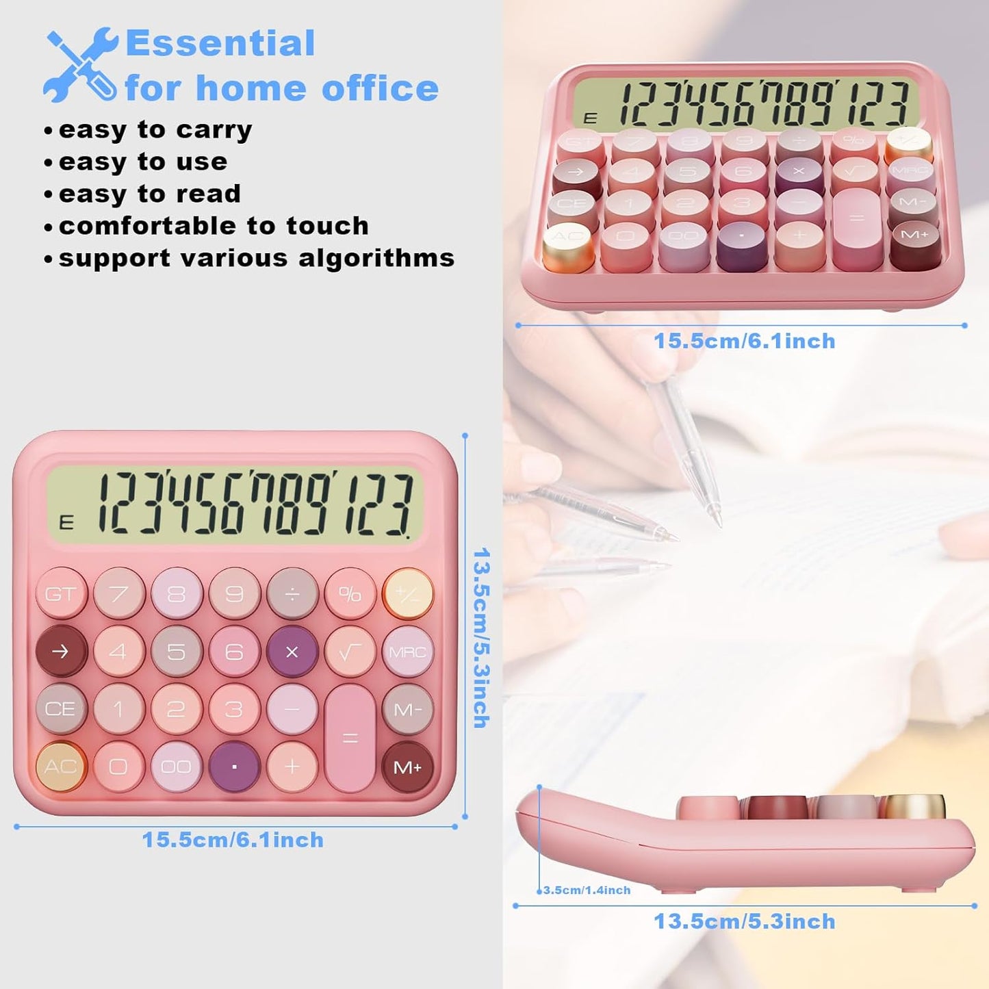 Mechanical Calculator 12 Digit Extra Large 5-Inch LCD Display, DECKLIT Battery Desk Calculator, Big Buttons Easy to Press Use as Office Calculators Desktop, 15°Tilt Screen for Kids Calculator(Rose)